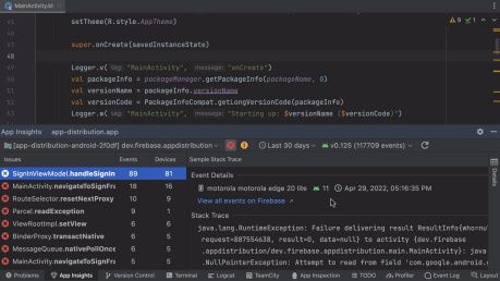 Android Studio Electric Eel Canary App Quality Insights from Firebase Crashlytics