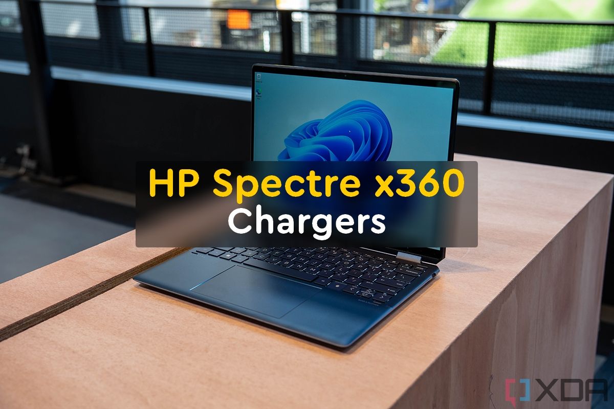 HP Spectre x360 laptop with text reading HP Spectre x360 Chargers laid over it