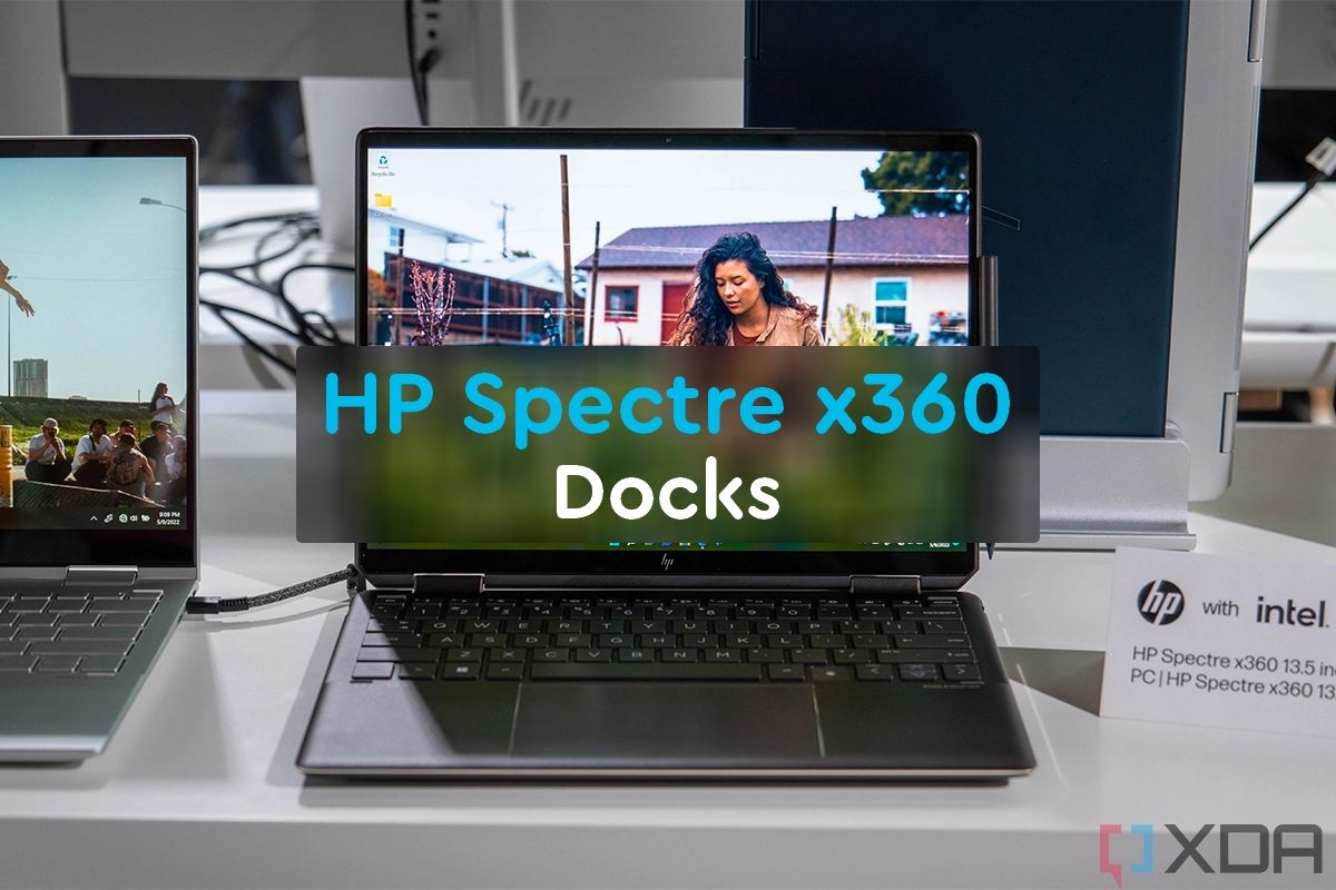 HP Spectre x360 laptop with text reading HP Spectre x360 Docks on top