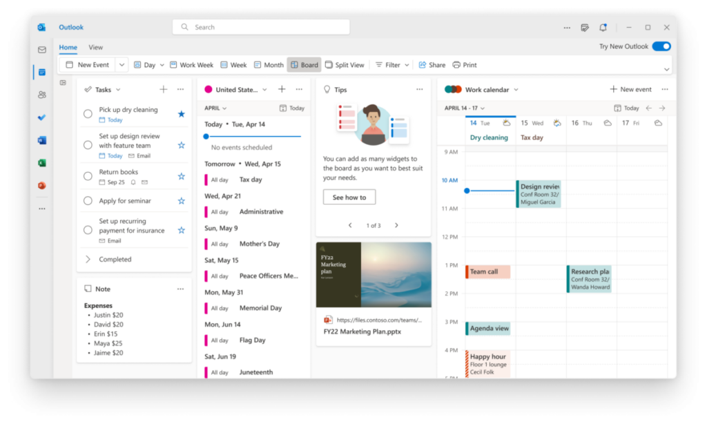 Calendar Board view in new Outlook app for Windows