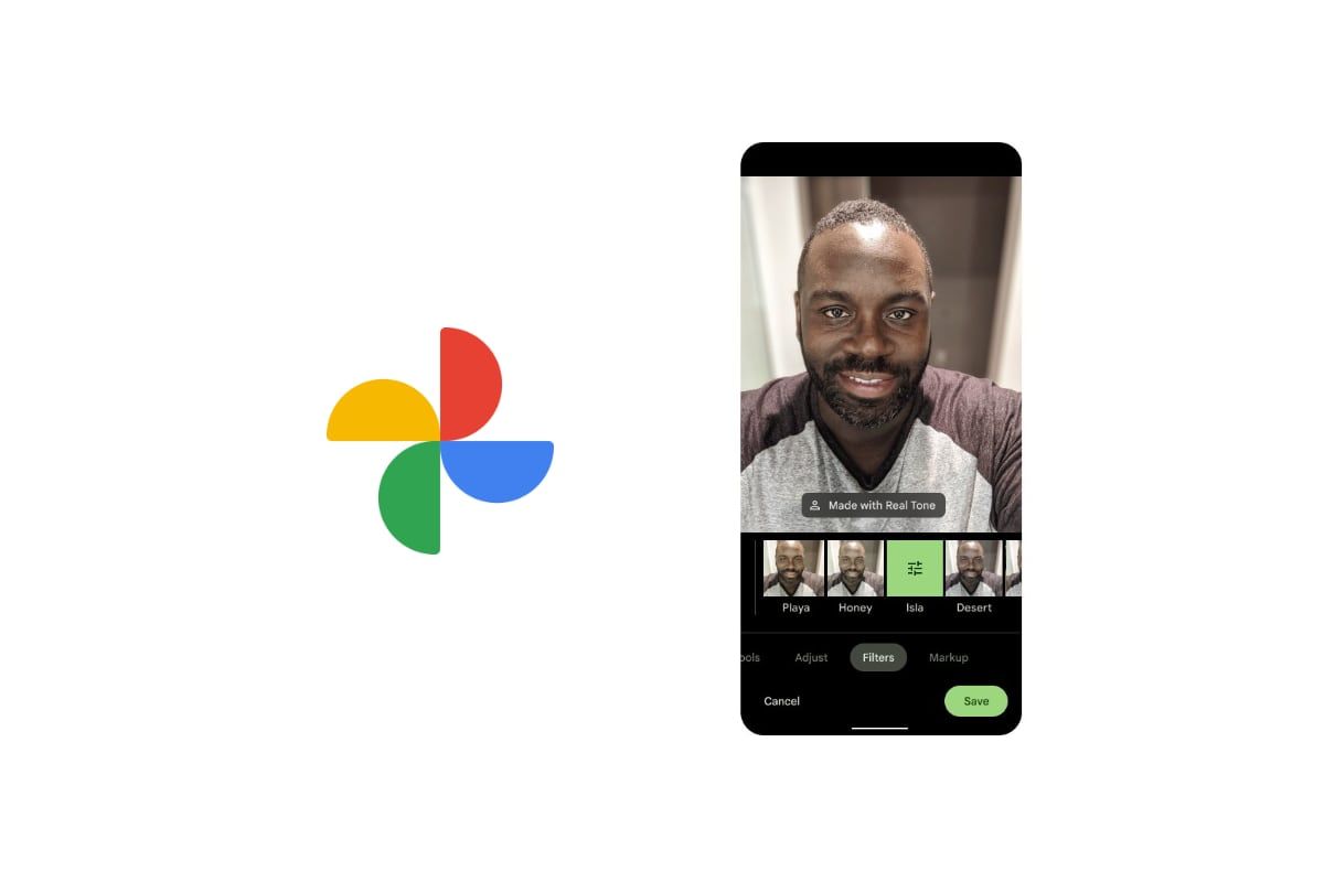 Google Photos logo next to screenshot of the app with the new Real Tone filters on white background