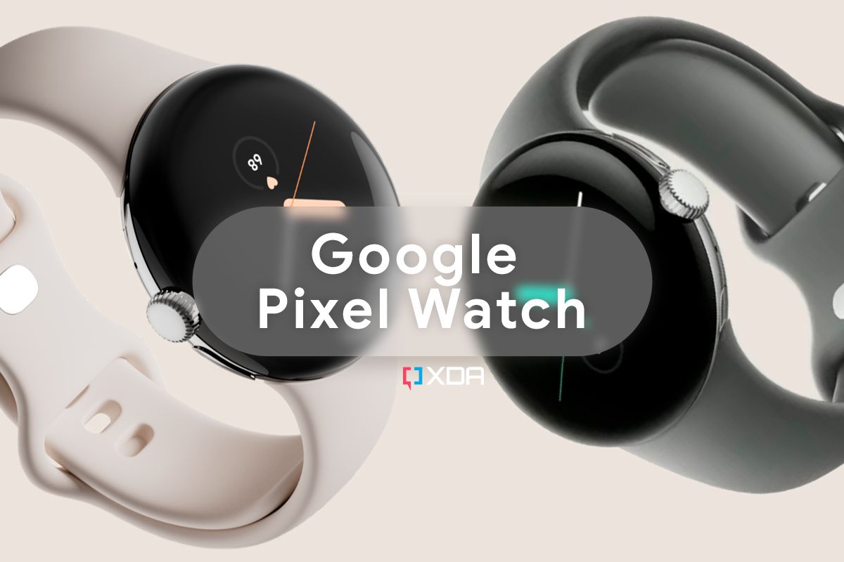 An image with two Google Pixel Watch with different color bands on a beige background
