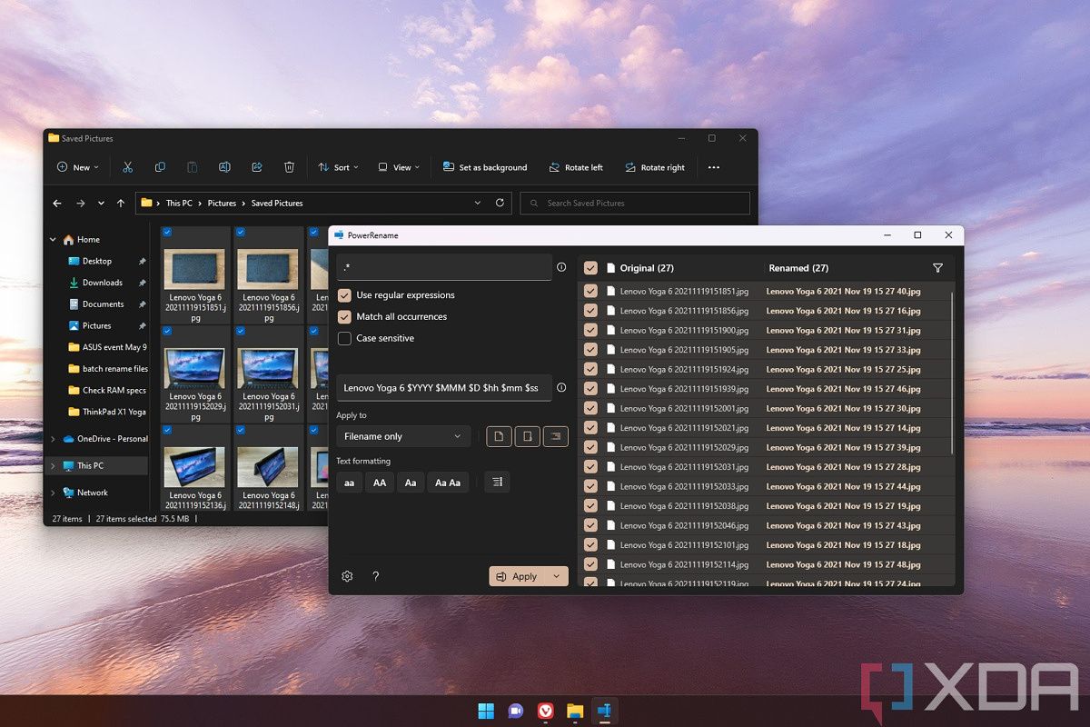 Windows 11 File Explorer and PowerRename over a desktop background