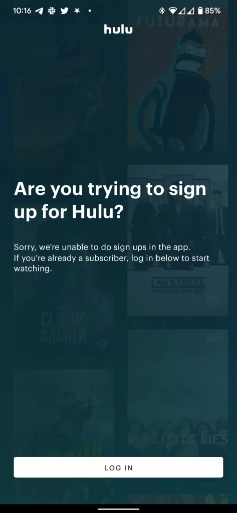 Hulu log in screen on Android app