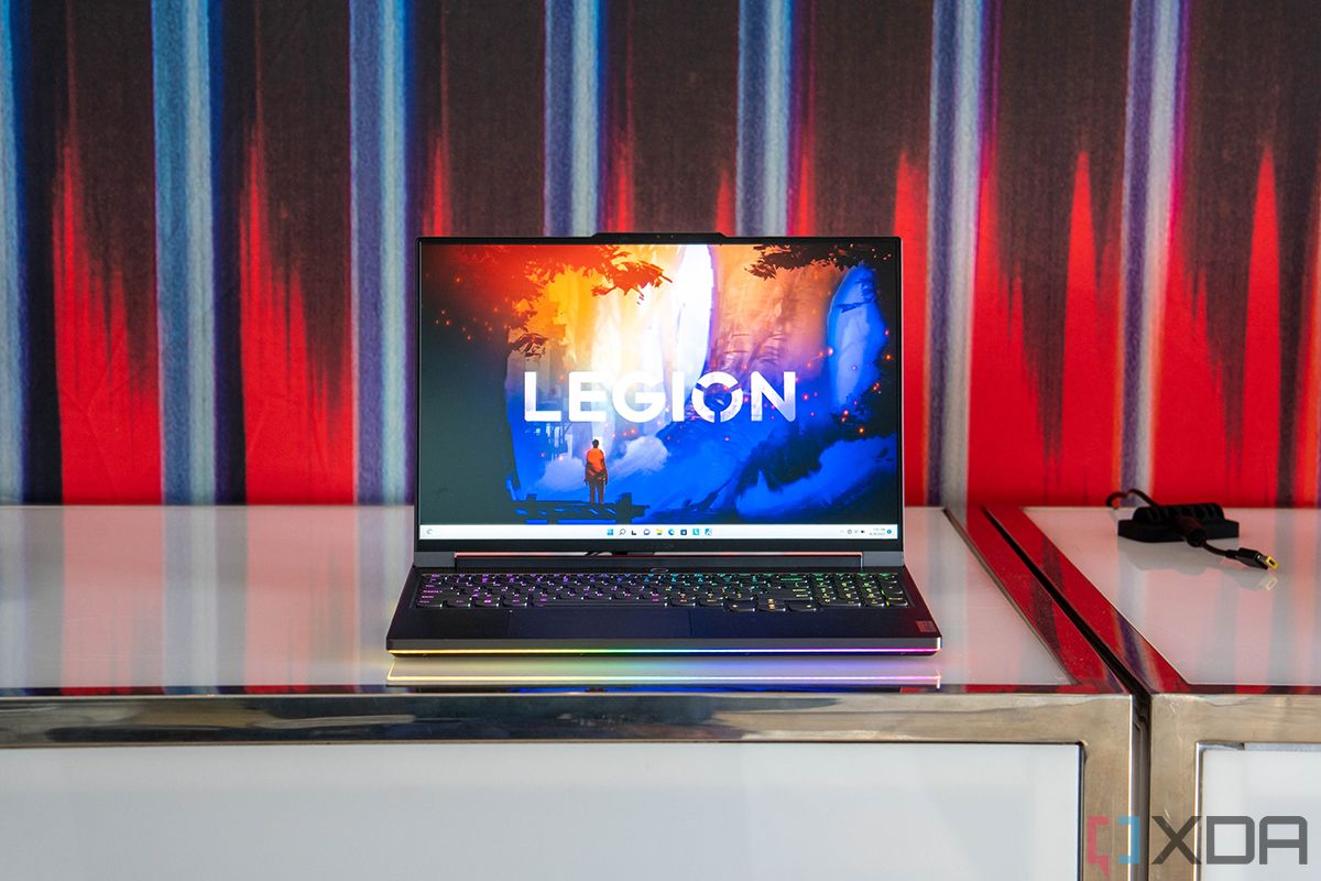 Lenovo Legion laptop with red background