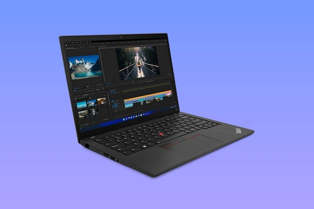 Lenovo ThinkPad T14 Gen 3 seen at a left-side angle from the front