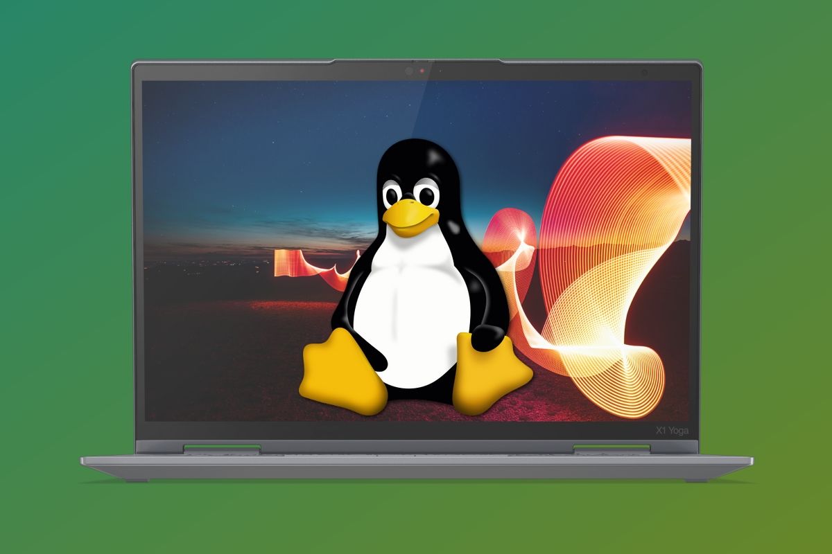 Lenovo ThinkPad X1 Yoga laptop with the Linux logo on top