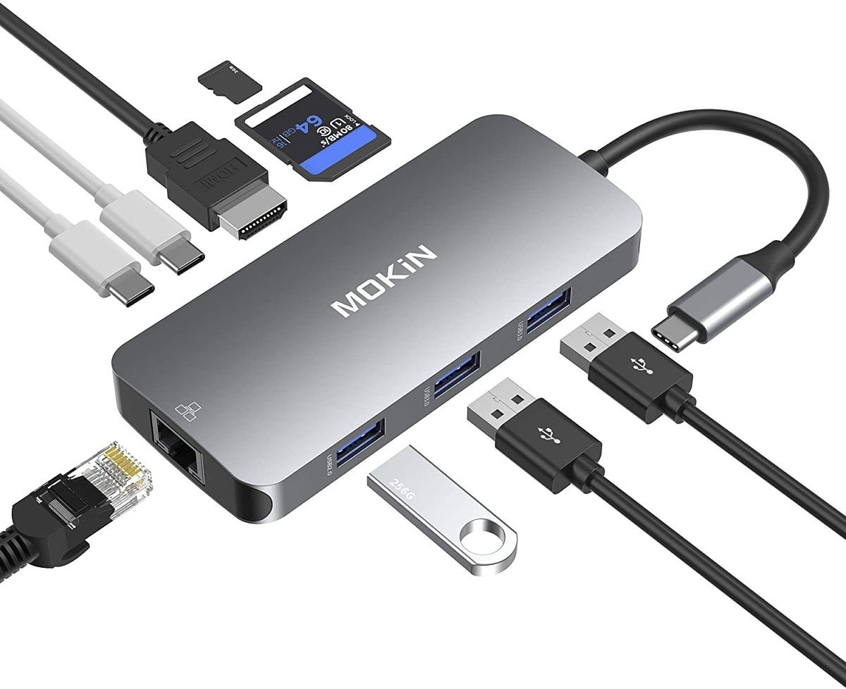 If you want a very cheap adapter that still gives you a few options, this Mokin hub includes an HDMI port, two USB-A ports, one USB-C port, and Gigabit Ethernet, all in a compact package you can use at home or on the go. It also supports up to 100W passthrough charging.