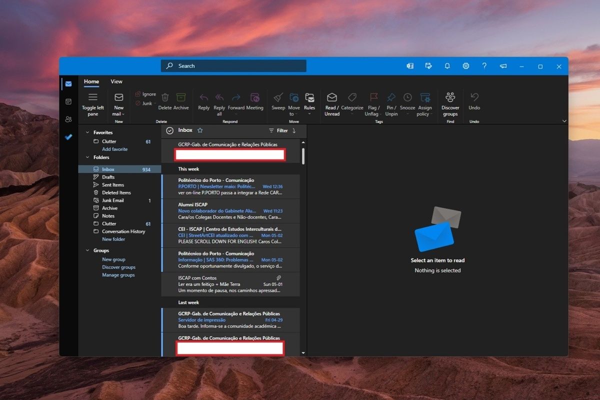 One Outlook app open over a desktop background