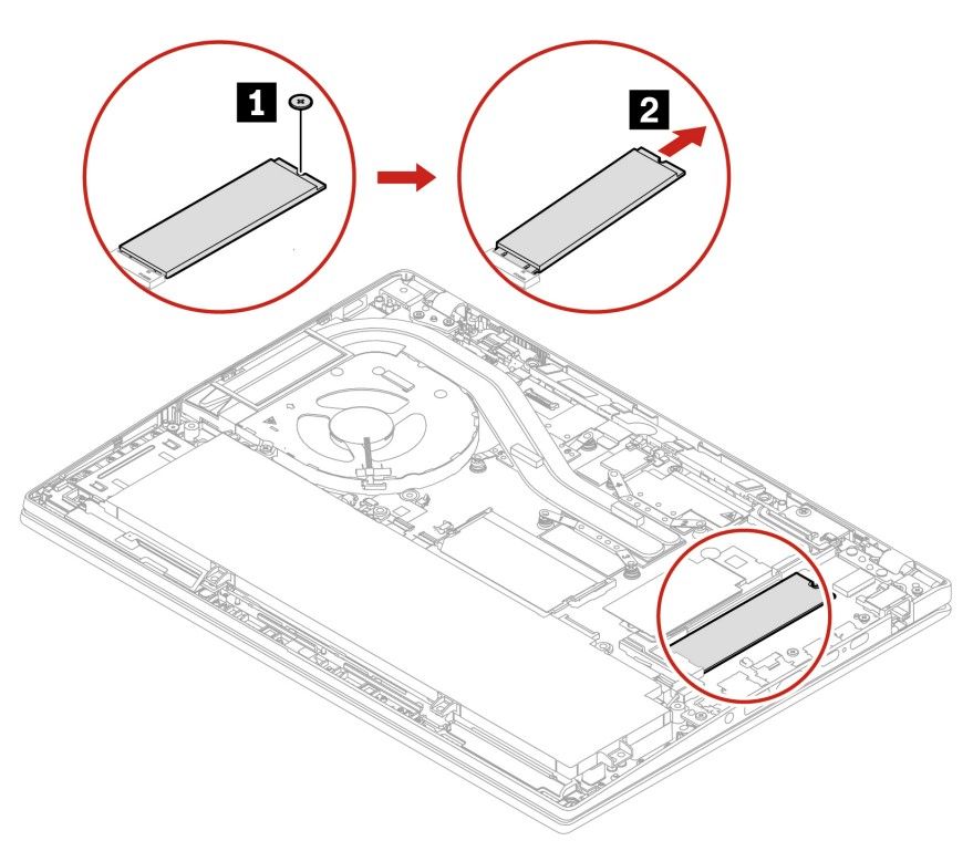 Illustration showing how to remove an installed SSD on the Thinkpad T14 Intel model with no bracket