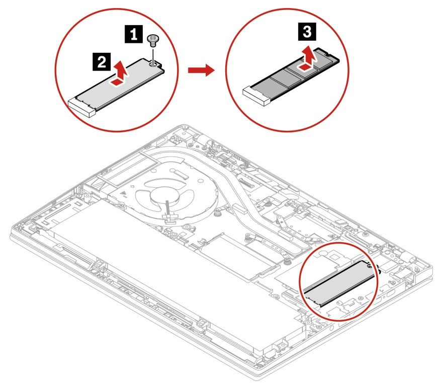 Illustration showing how to remove an installed SSD on the Thinkpad T14 Intel model with a bracket