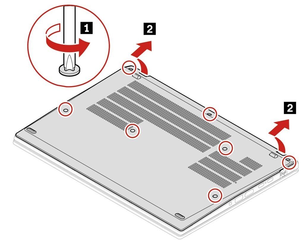 Illustration shwoing how to remove the base cover on ThinkPad T14