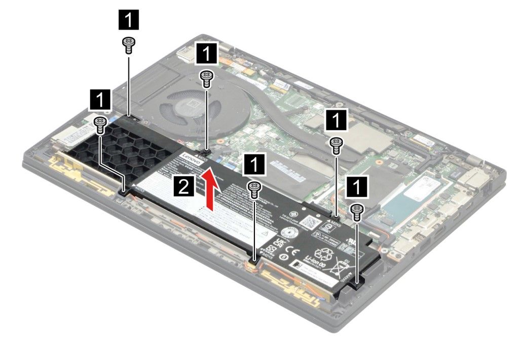 Illustration showing how to remove the internal battery of the Lenovo ThinkPad T14 Gen 3