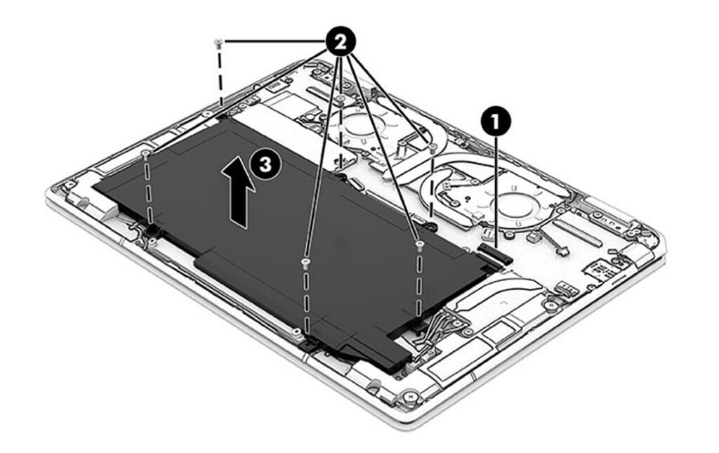 Illustration showing how to remove the battery HP Spectre x360 13.5