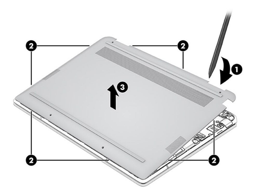 Illustration showing how to remove the bottom cover HP Spectre x360 13.5