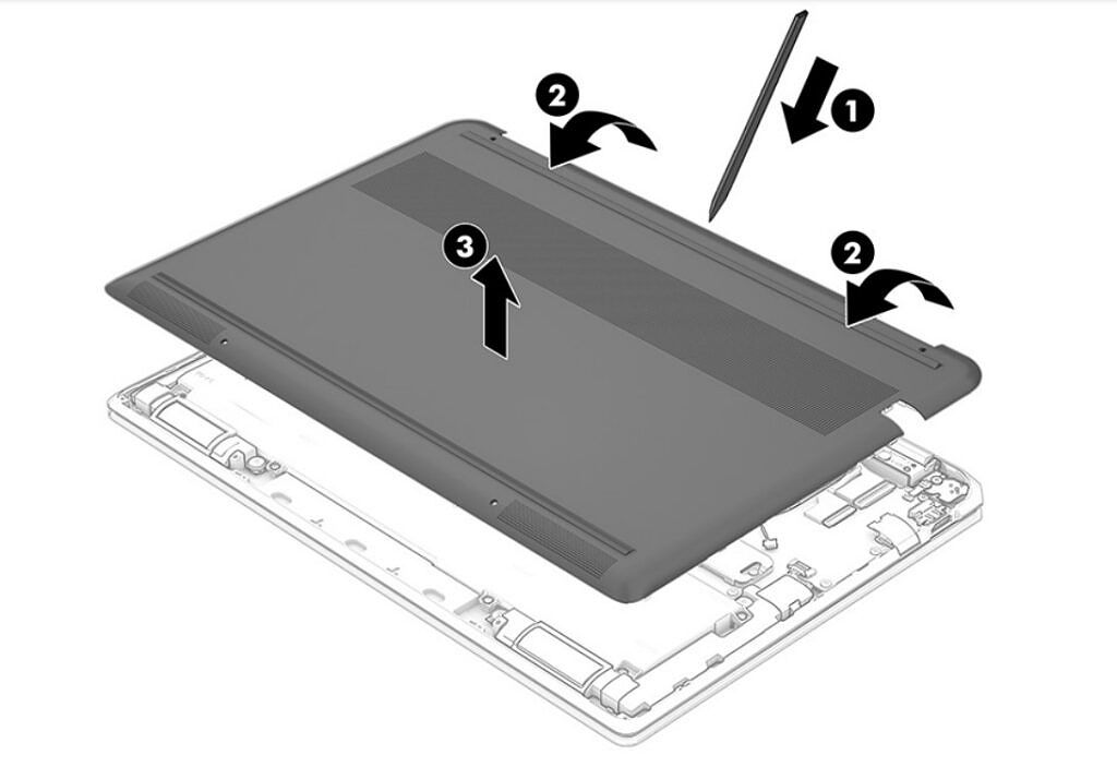 Illustration showing how to bottom cover HP Spectre x360 16
