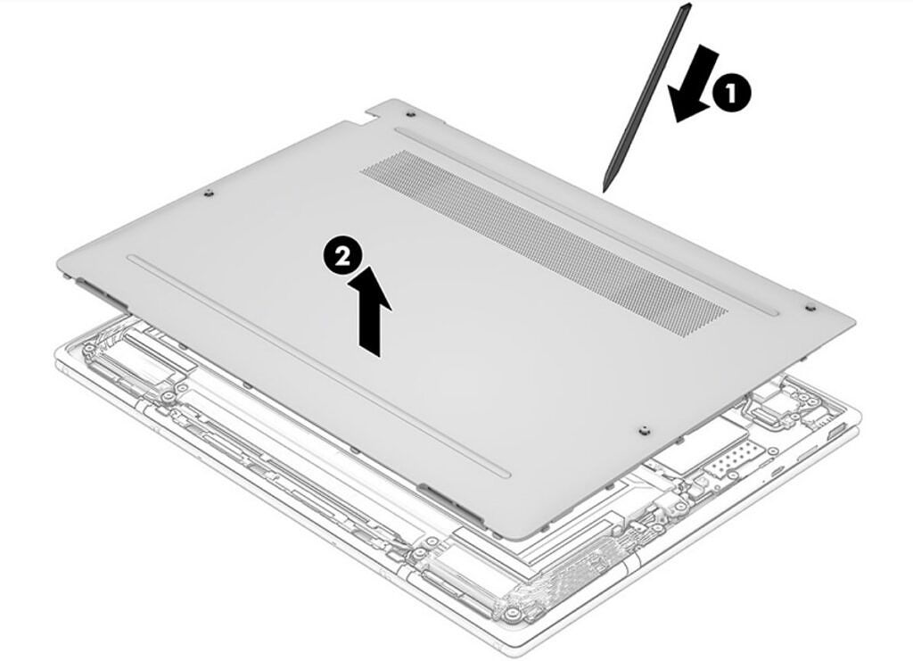 Illustration showing how to remove the bottom cover of the HP Elite Dragonfly G3