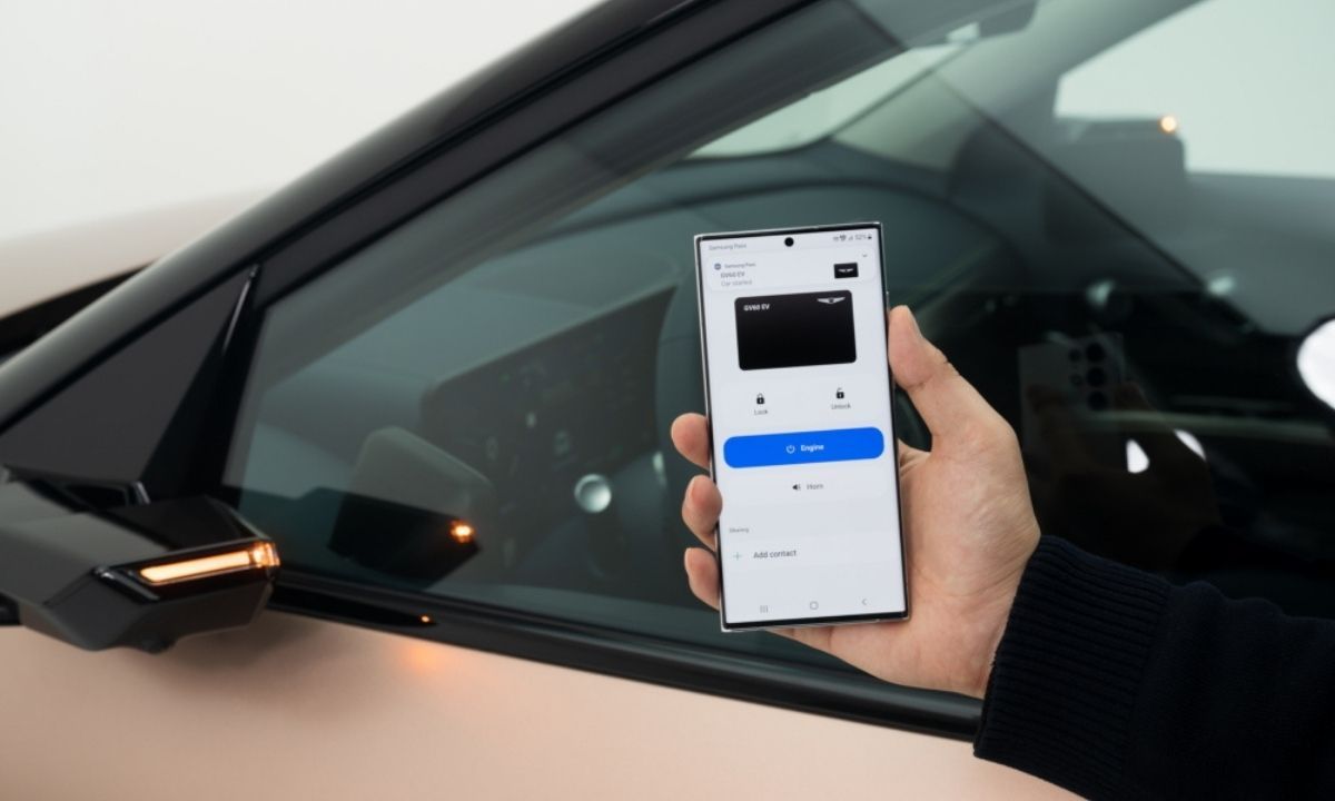 A Samsung phone being used as digital car key to unlock a Genesis GV60 GV