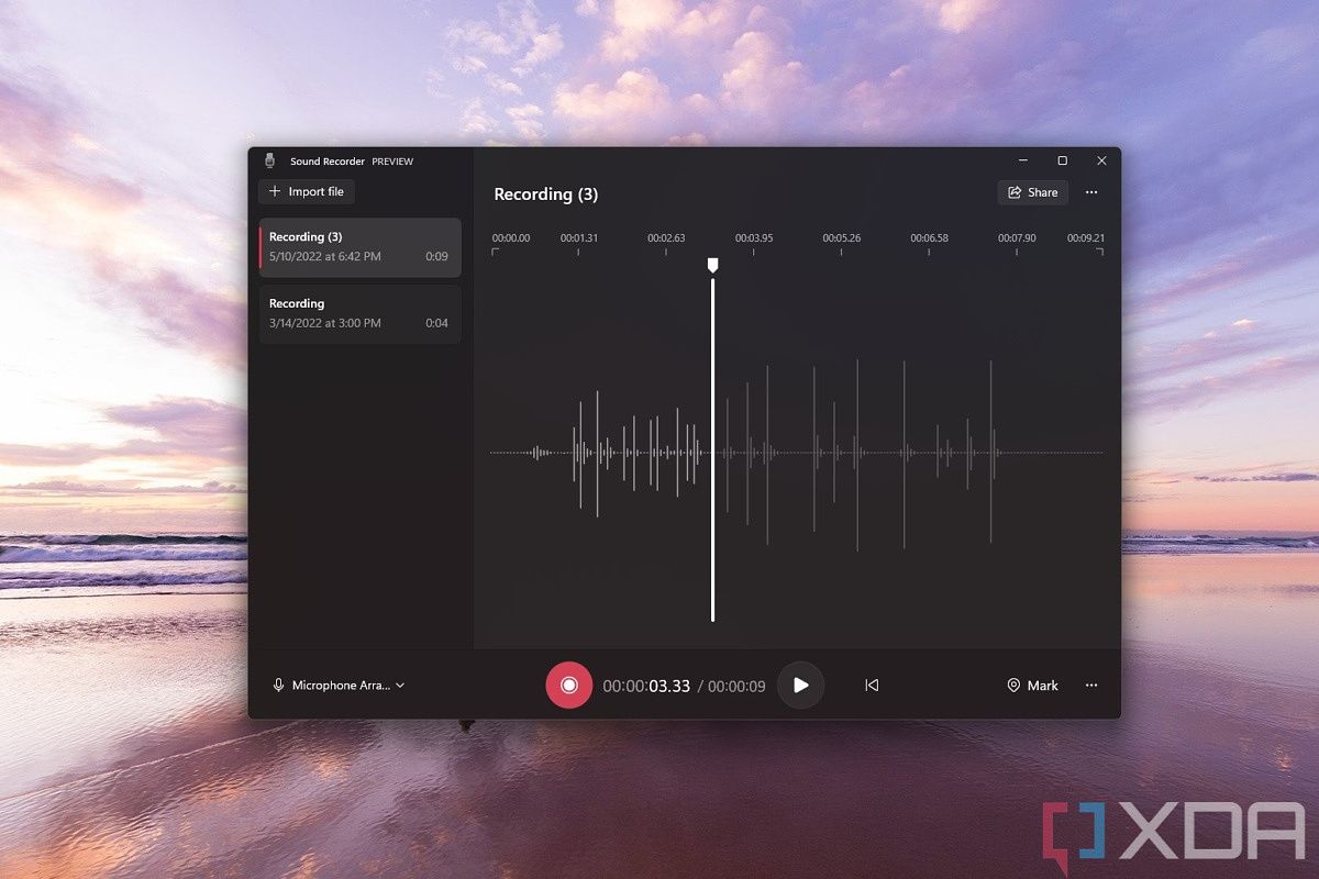 Windows 11 Sound Recorder app open over a desktop background