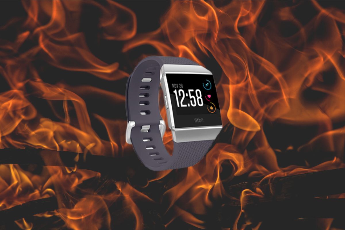 Fitbit issued a recall for its devices that caused burns. This shows the Fitbit with a fire background