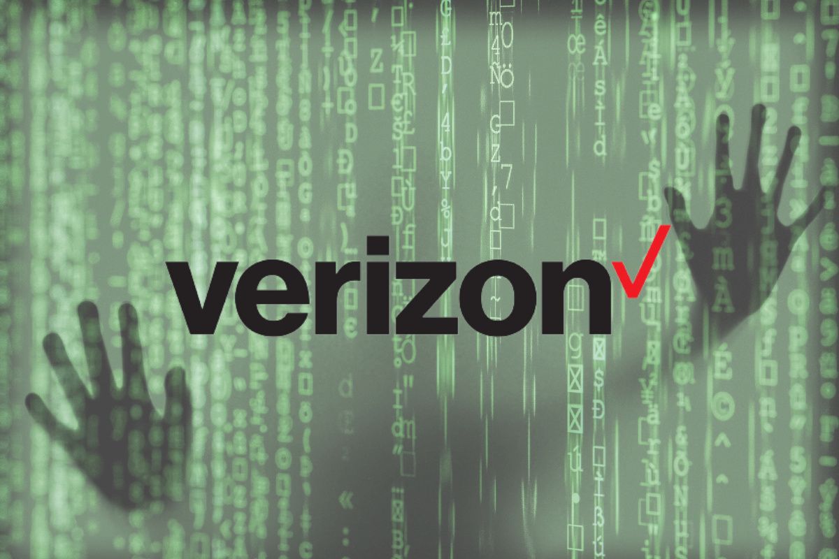 Verizon logo with a shower of green text that looks like something from the Matrix