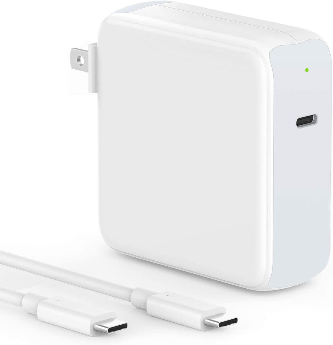 This fast charger supports up to 96W of output and comes with a USB C to USB C cable.