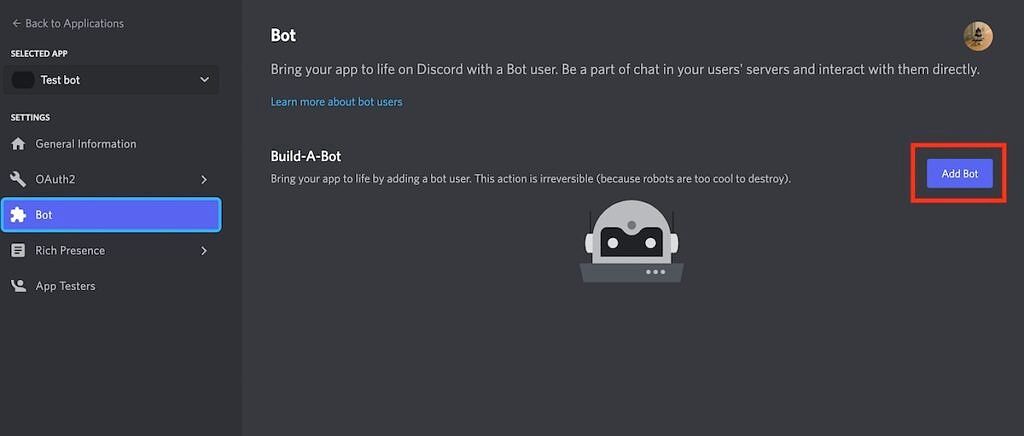 Add bot to your server page