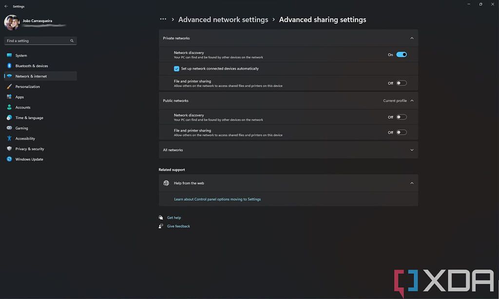 Advanced sharing settings in Windows 11 22H2