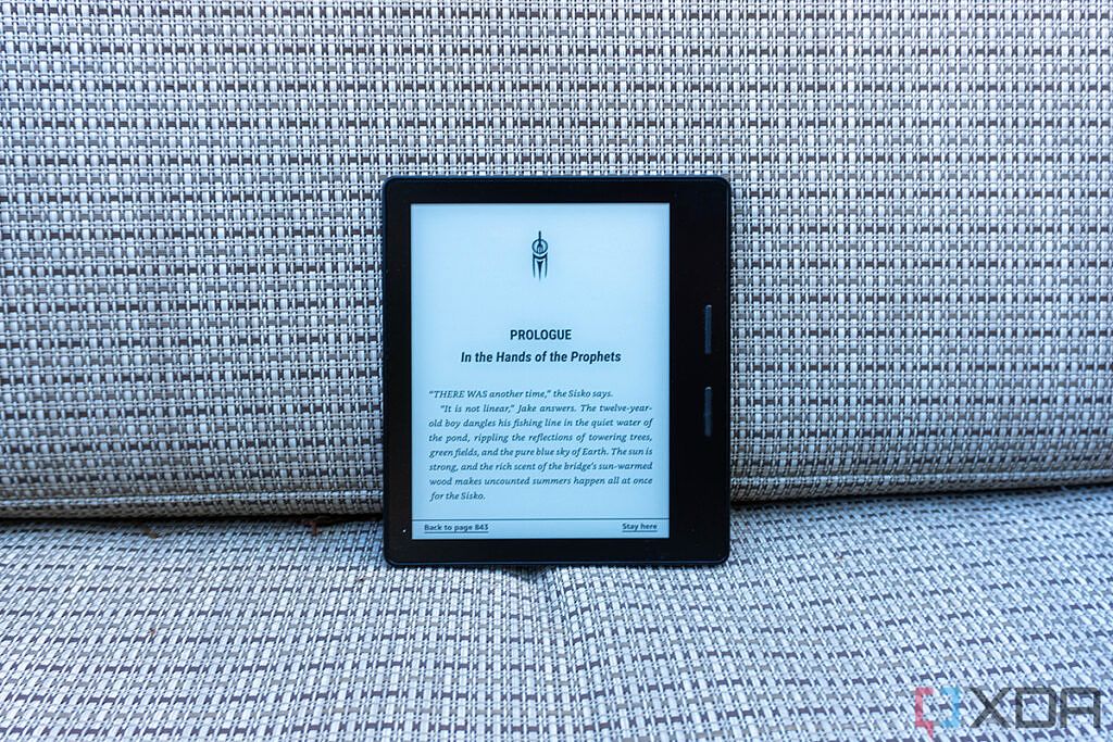 Kindle Oasis stood up displaying The Fall of the Prophets