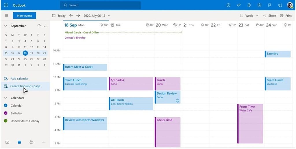 Screenshot of the Bookings page in Outlook