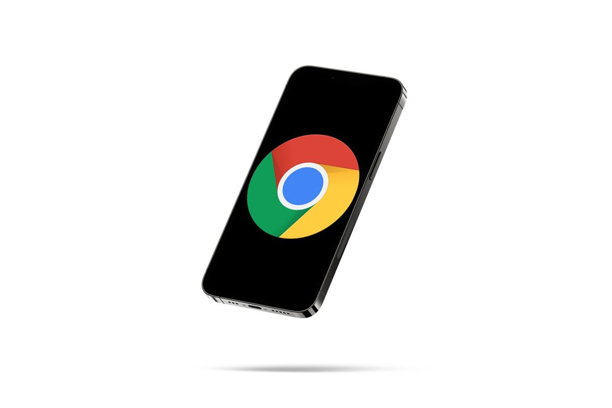 Chrome logo on floating iPhone 13 Pro with white background.