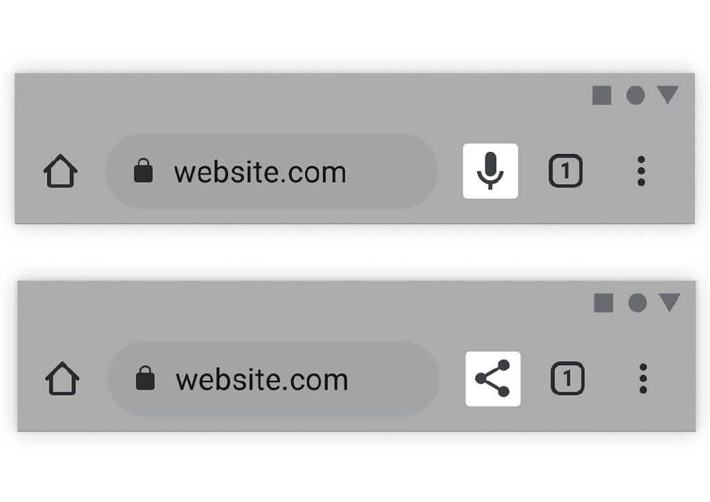 A Chrome browser with a highlighted square around an icon to the right of the address bar. At the top is a microphone icon, and at the bottom is a share icon. 