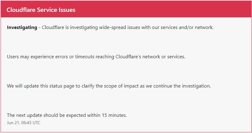 Screenshot showing cloudflare service issues