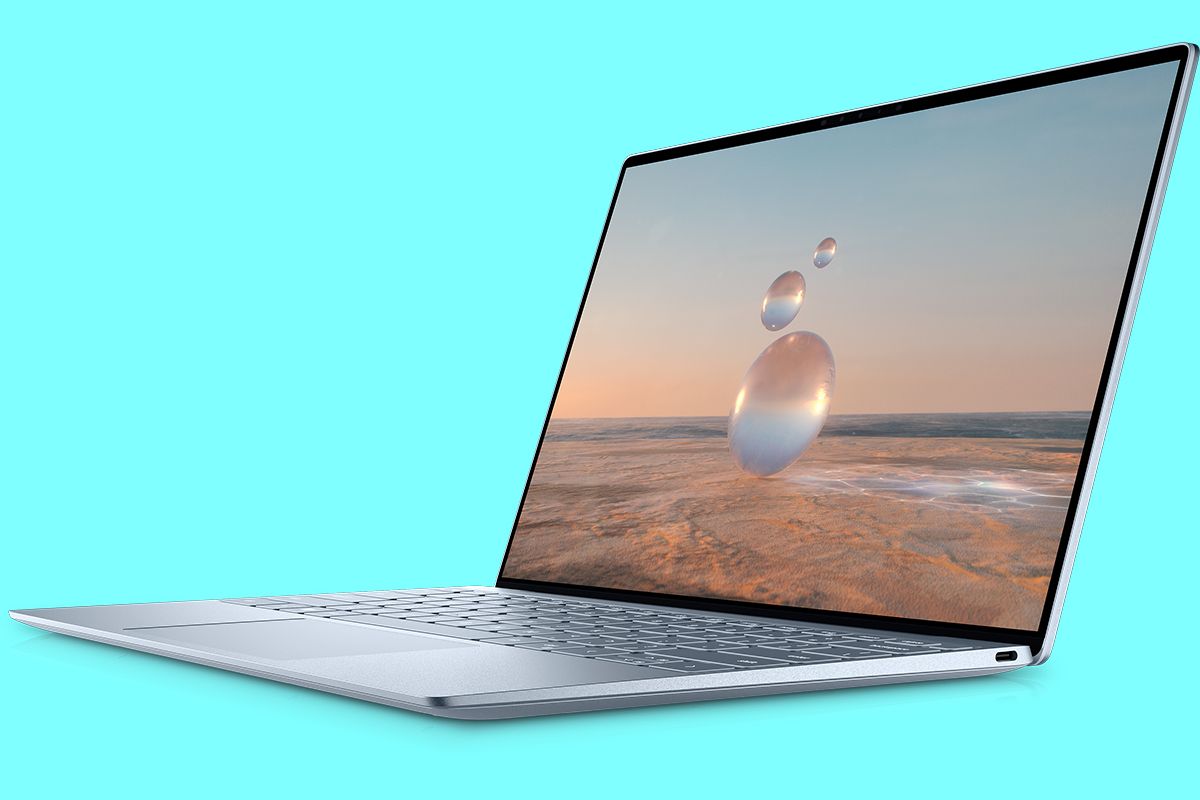 Angled front view of the Dell XPS 13 (2022) in a light blue color