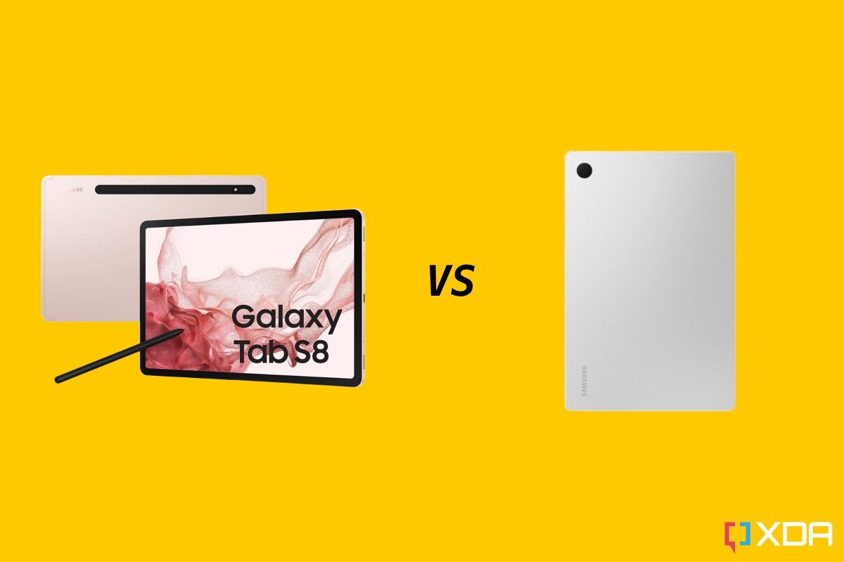 Galaxy Tab S8 Vs Galaxy Tab A8 on a yellow background