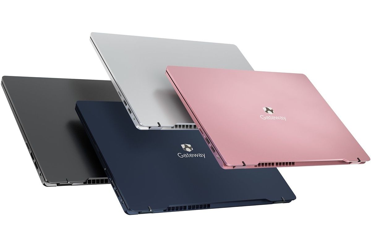 Four Gateway Ultra Slim laptops in four colors with lids closed