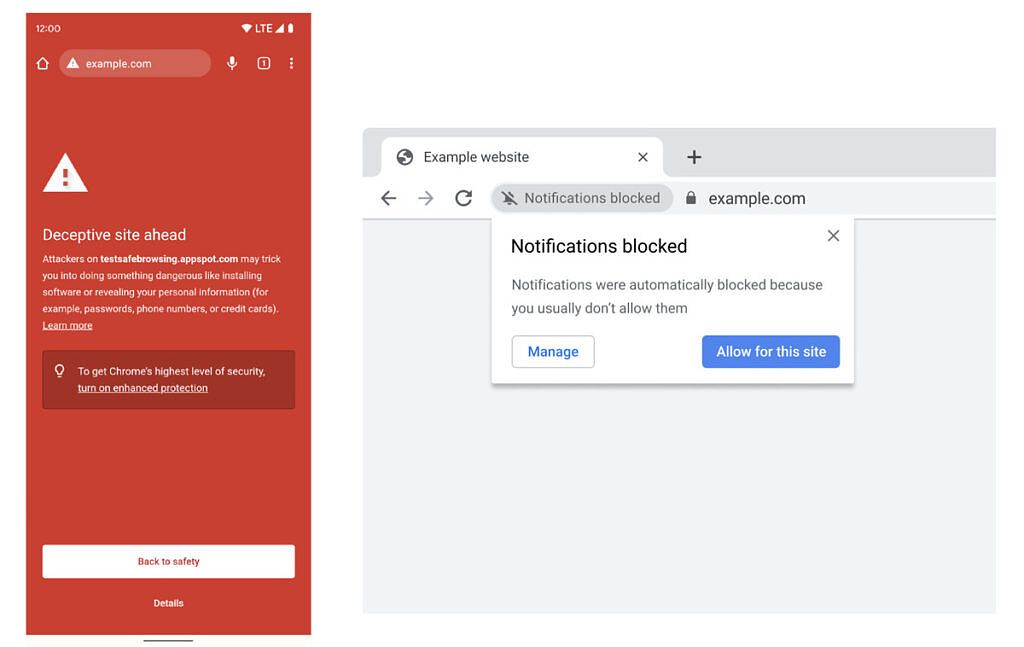 wo images side by side. The first on the left is a smartphone showing a red screen and a warning message about phishing. The image on the right shows a Chrome browser window showing a pop-up message saying “Notifications blocked”. 