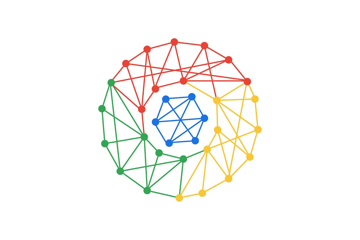 Google Chrome logo made with colorful lines and dots on gray background