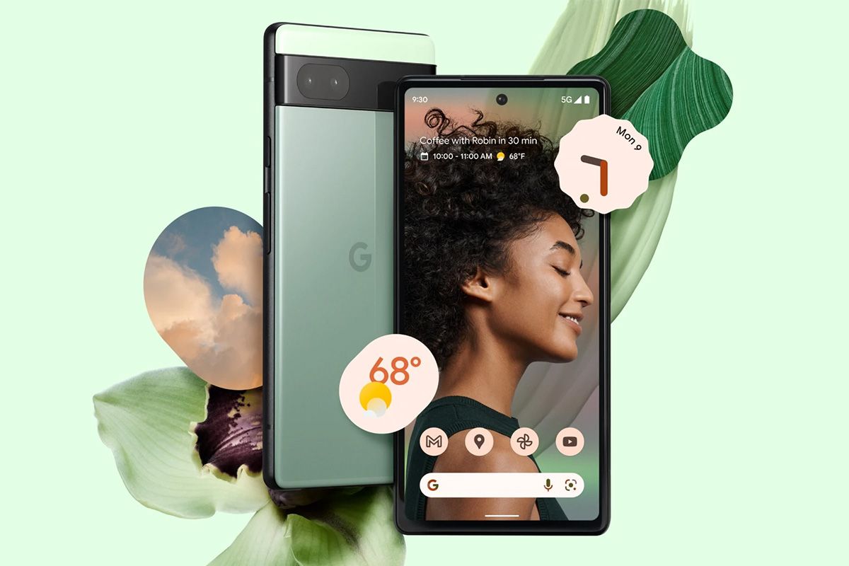 Google Pixel 6a poster with a woman's image set as wallpaper and custom artwork in the background.