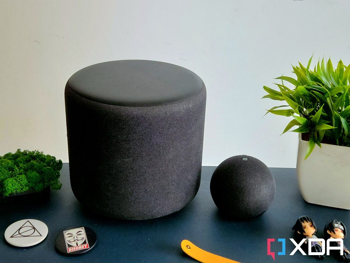 Amazon Echo Sub next to an Echo Dot (4th) on a leather mat next to a potted plant