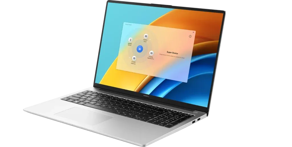 Right-side angle view of the Huawei MateBook D 16 with the lid at 90 degrees