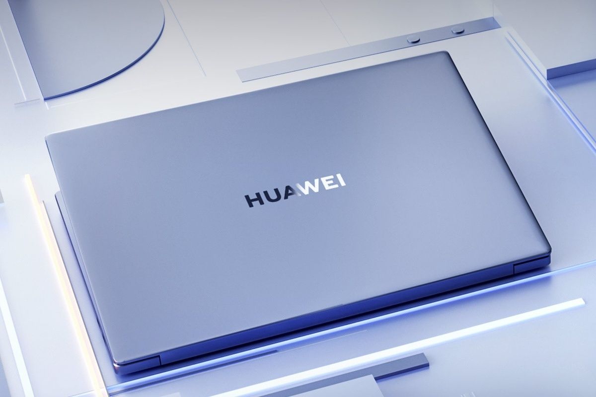 Angled overhead view of a Huwei laptop with the lid closed
