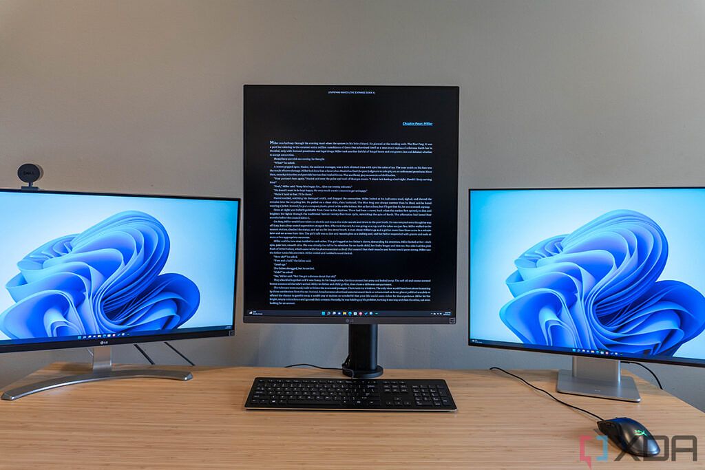 LG DualUp Monitor with book on the screen