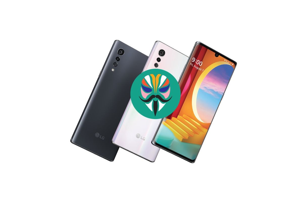 LG Velvet rear and front with Magisk logo on top