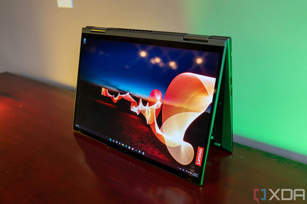 ThinkPad X1 Yoga in tent mode with green and yellow lighting