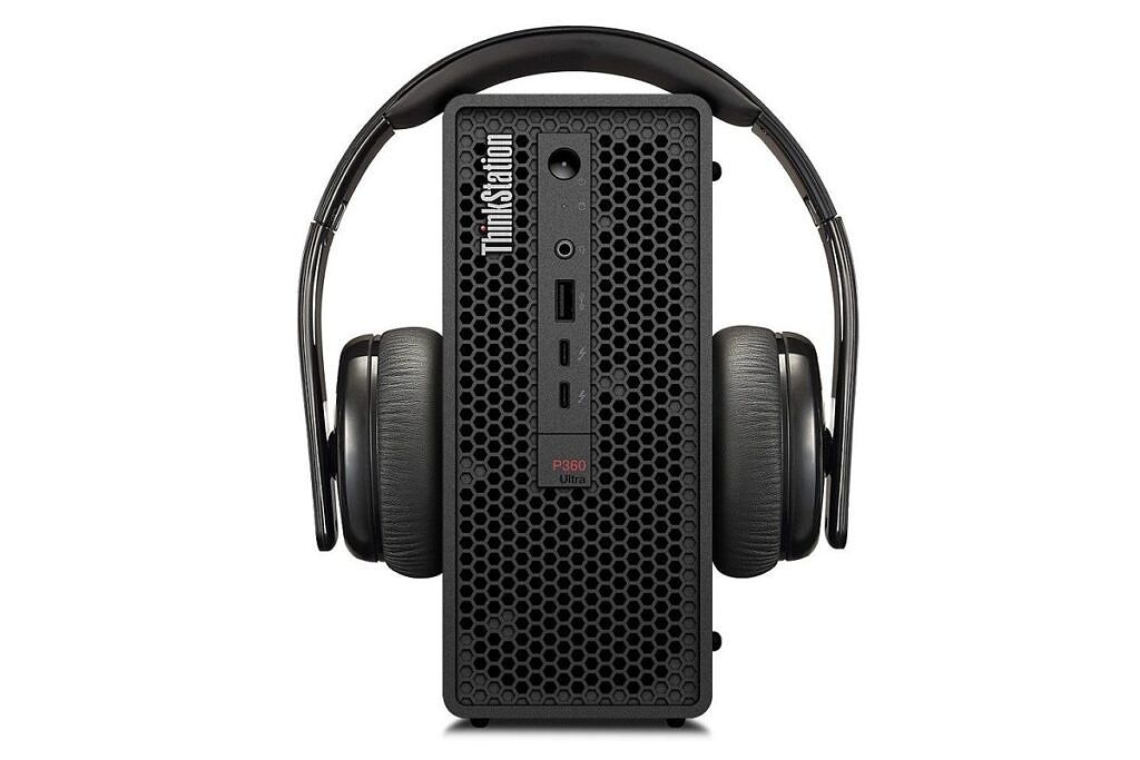 Lenovo ThinkStation P360 with headphones placed on it as if it were wearing them