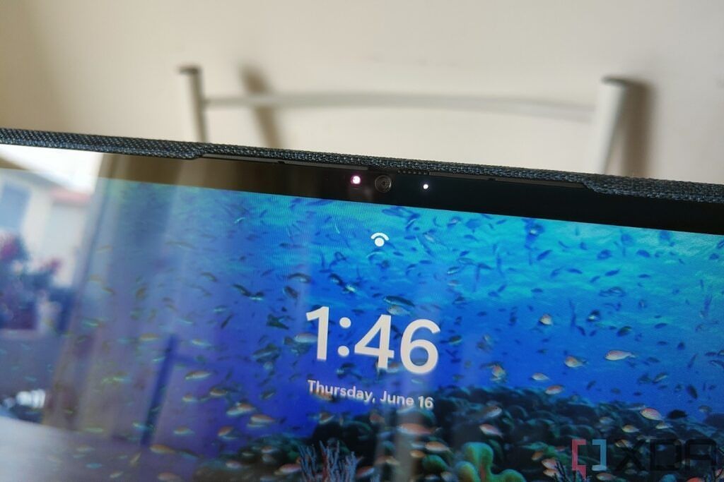 Close-up view of the webcam on the Lenovo Yoga 6 Gen 7 with the Windows Hello IR indicator blinking