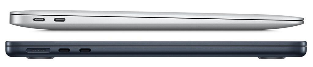 Side view of the M1 MacBook Air (on top) and the M2 MacBook Air (at the bottom) showing the difference between the wedge and flat design of each model.