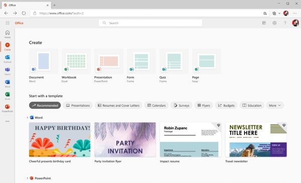 Screenshot of the new Create page on Office.com