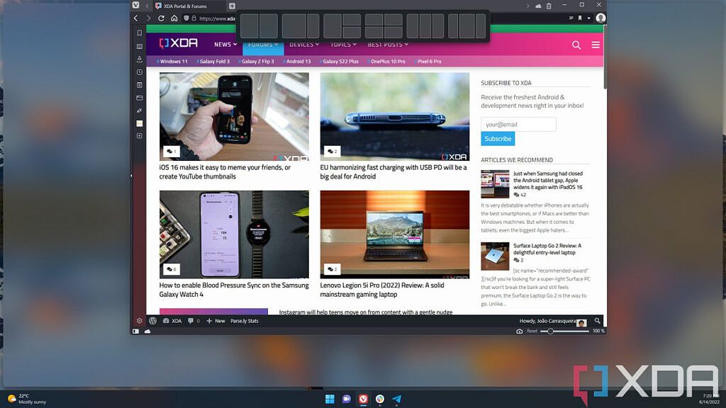 An app window being dragged near the top of the screen, exposing the new Snap Layouts access point in Windows 11 version 22H2